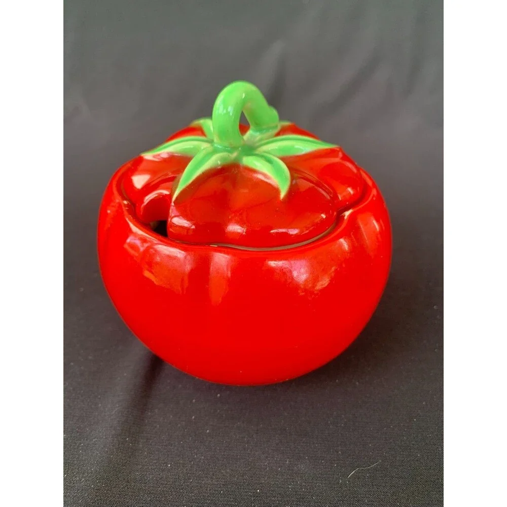 1940's Vintage Pantry Parade Ceramic Tomato Lidded Condiments Jar Retro w/Spoon